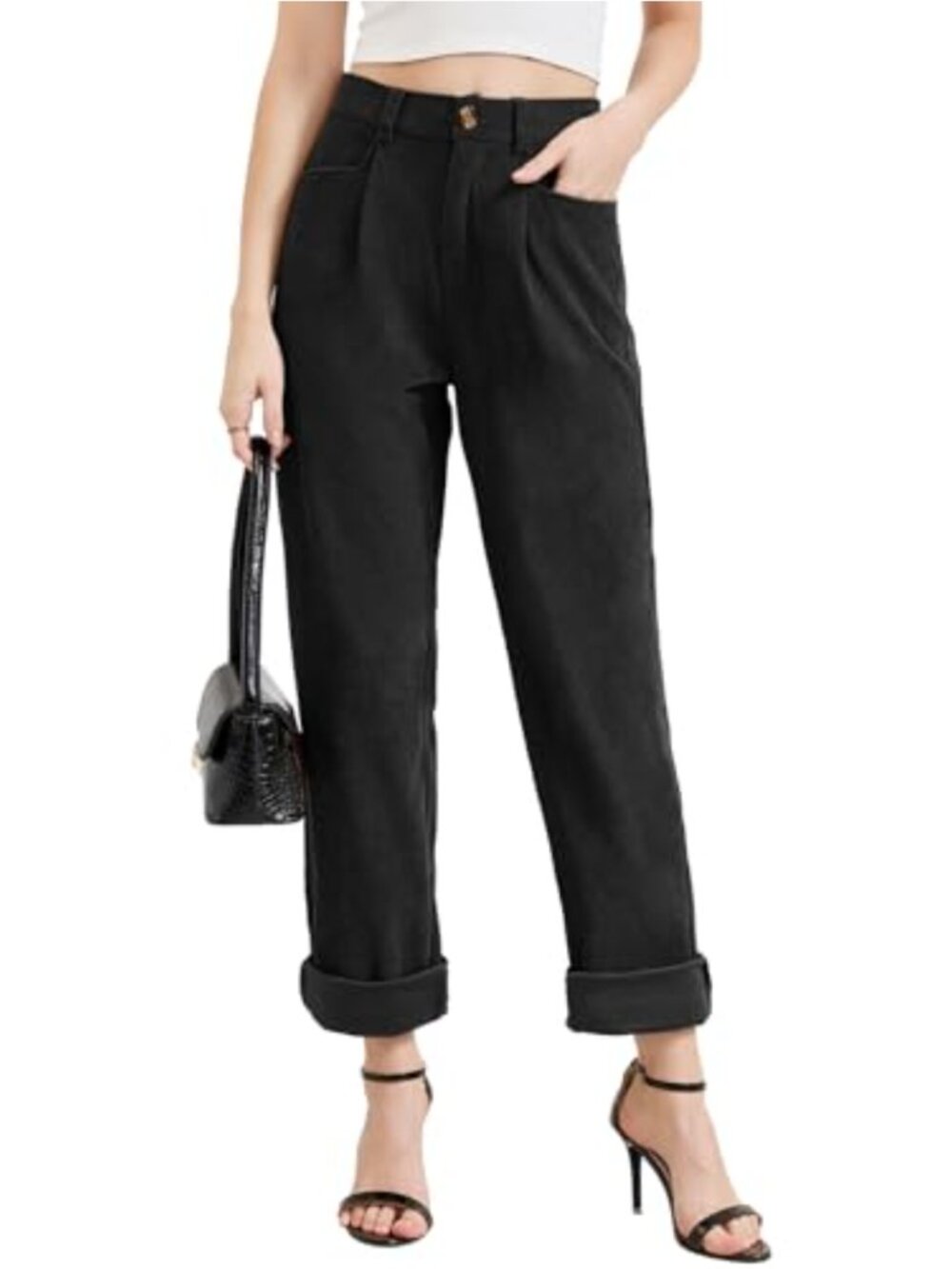 Women's Corduroy Pants High Waisted Straight Leg Stretch Trousers with Pockets